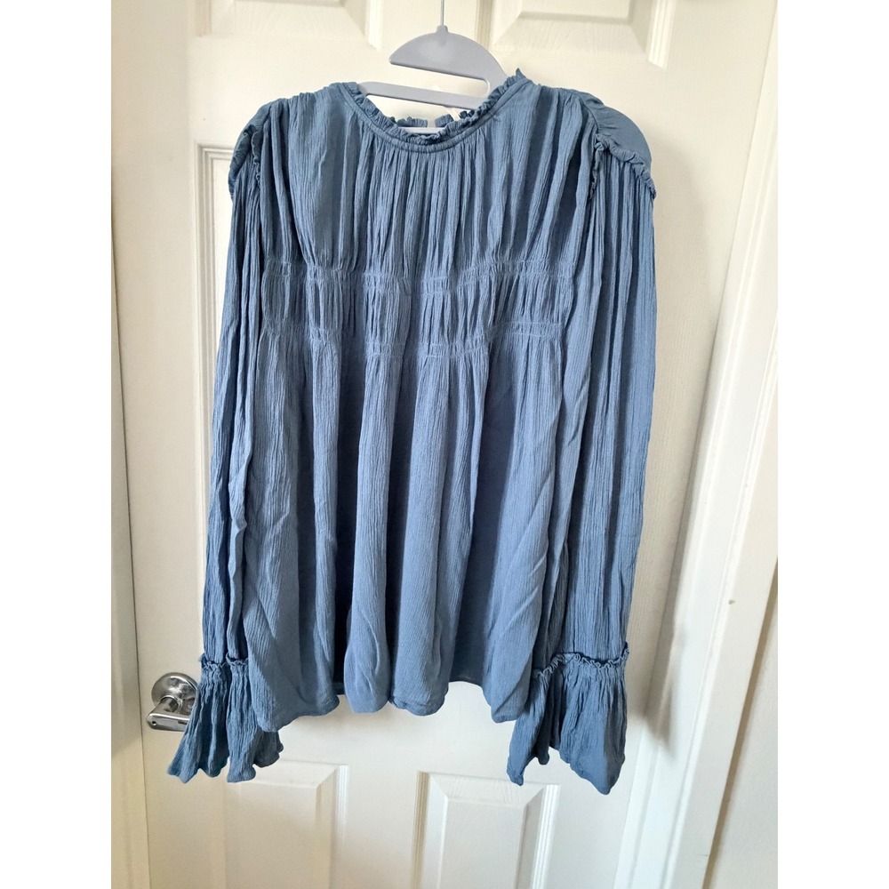 Free People Blue Smocked Gauze Peasant Blouse Bell Sleeve Boho Top Large